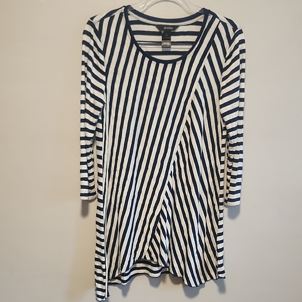 Ali Miles Navy and White Striped Nautical Long Tunic Style Tee Asymmetrical Hem